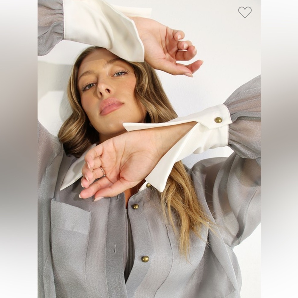 #1 “LONG CONTRAST CUFF SHEER BUTTON DOWN TOP AND PANT SET”